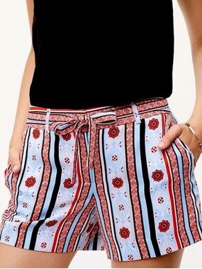 LOFT Striped & Medallion Print Tie-Waist Shorts in Light Blue & Red